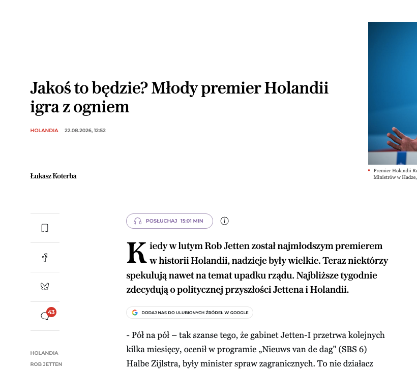 Artykuł „Jakoś to będzie? Młody premier Holandii igra z ogniem” w Wyborcza.pl